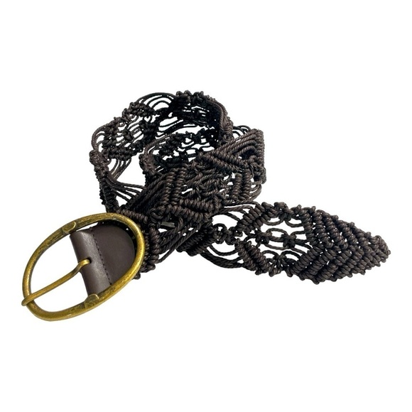 Vtg Hippie Macrame Belt Adjustable Brown Leather Brass Buckle Boho - Picture 4 of 12